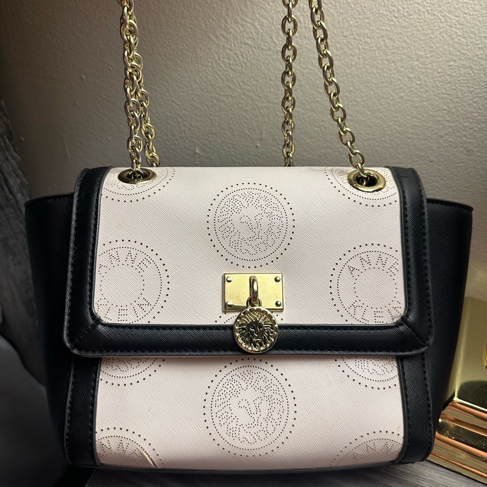 Anne Klein Black and Cream Shoulder Bag with Gold Hardware
